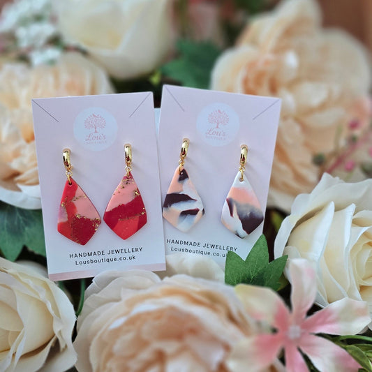 Handmade 14k Gold teardrop multicoloured marble effect half hoop stud earrings |Polymer clay earrings | summer statement earrings | light weight earrings