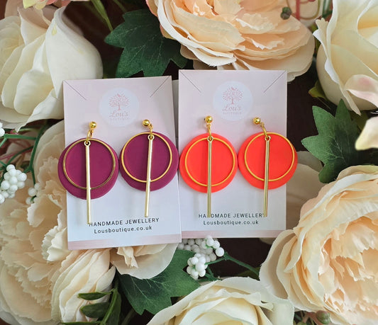 Handmade coral or purple clay & gold circle dangle drop earrings |Polymer clay |summer statement earings |gift for her |light weight earings