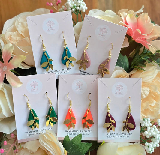 Handmade Gold teardrop & leaf drop earrings coral |Polymer clay earrings | summer statement earrings | gift for her | light weight earrings