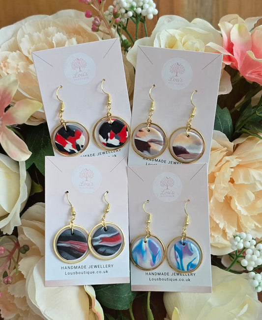 Handmade gold circle marble multicolour dangle drop earrings |Polymer clay |summer statement earrings |gift for her |light weight earrings