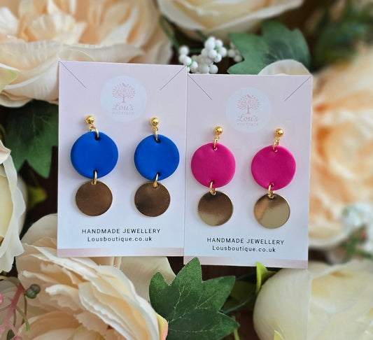 Handmade pink or blue circle clay & gold drop earrings |Polymer clay earrings |summer statement earrings |gift for her |light weight earings