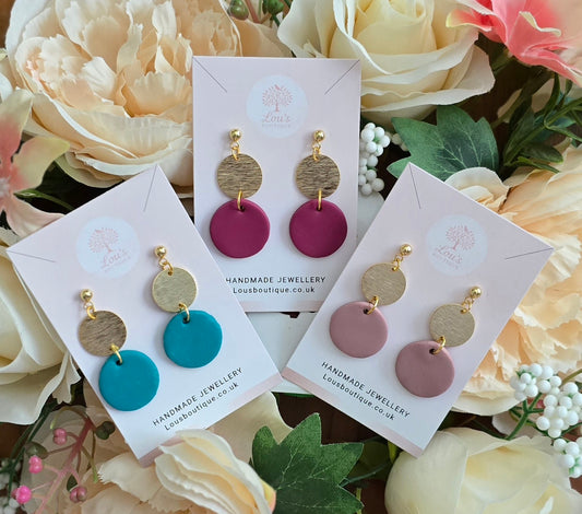 Handmade coral, purple or teal clay & gold disc drop earrings |Polymer clay |summer statement earrings |gift for her |light weight earings