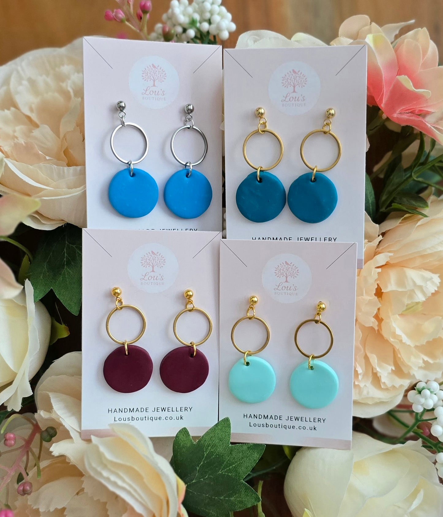 Handmade circle & gold or sterling silver dangle drop earrings |Polymer clay |summer statement earrings |gift for her |light weight earings