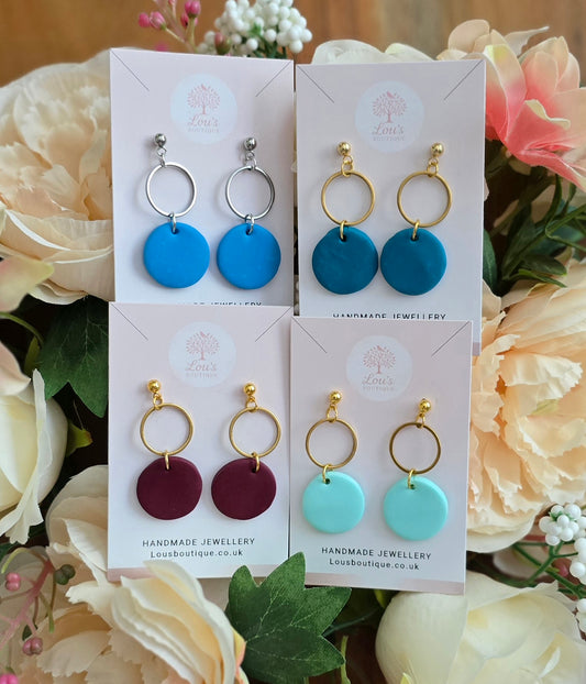 Handmade circle & gold or sterling silver dangle drop earrings |Polymer clay |summer statement earrings |gift for her |light weight earings