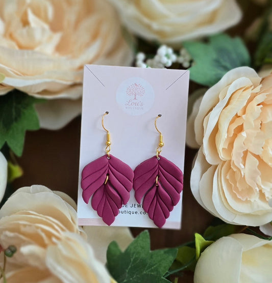 Handmade Gold Purple Leaf dangle drop earrings |Polymer clay earrings | summer statement earrings | gift for her | light weight earrings