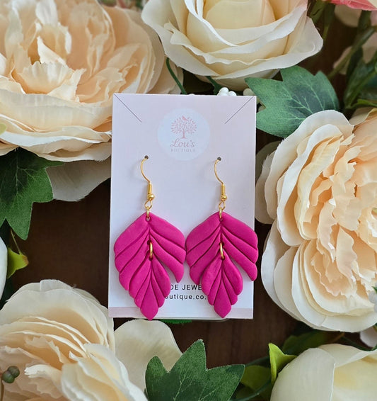Handmade Gold Fuschia pink Leaf dangle drop earrings |Polymer clay earrings | summer statement earrings |gift for her |light weight earrings
