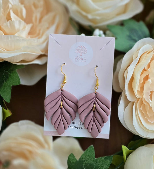 Handmade Gold dusky pink Leaf dangle drop earrings |Polymer clay earrings | summer statement earrings | gift for her | light weight earrings