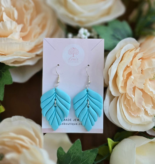 Handmade Sterling Silver Light blue leaf dangle drop earrings |Polymer clay earrings | summer statement earrings  | light weight earrings