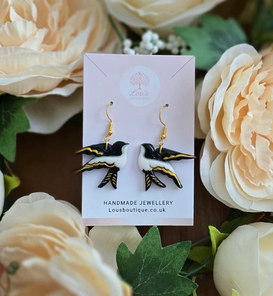 Handmade black & gold swift bird drop earrings |Polymer clay earrings | animal bird earrings | gift for her | light weight earrings