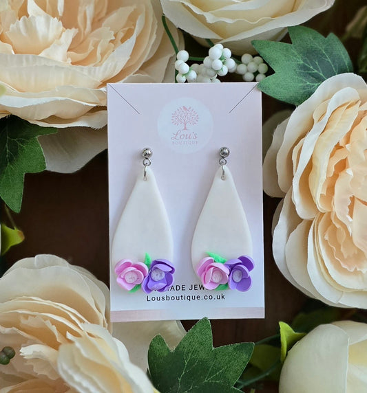 Handmade sterling silver teardrop flower floral earrings |Polymer clay earrings | summer statement earrings | light weight earrings