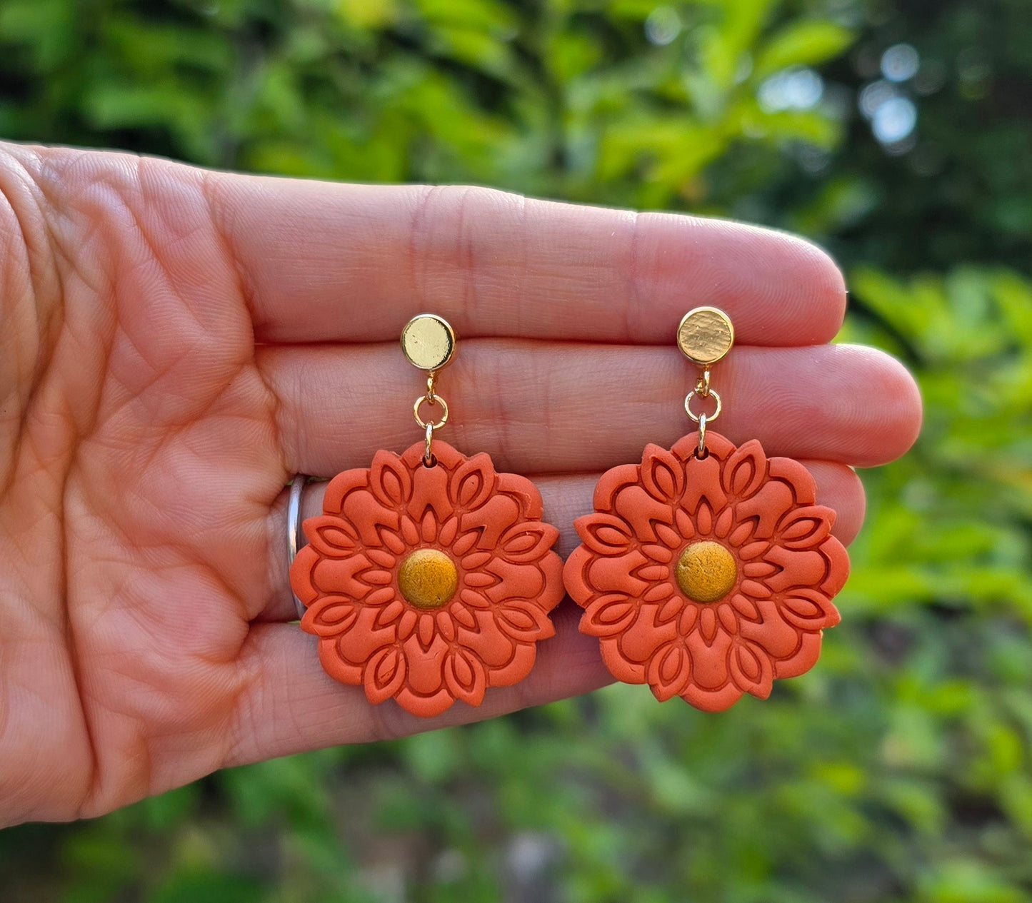 Handmade orange mandala daisy flower dangle drop gold stud earrings | unique earrings | lightweight earrings | gift for her |Polymer clay