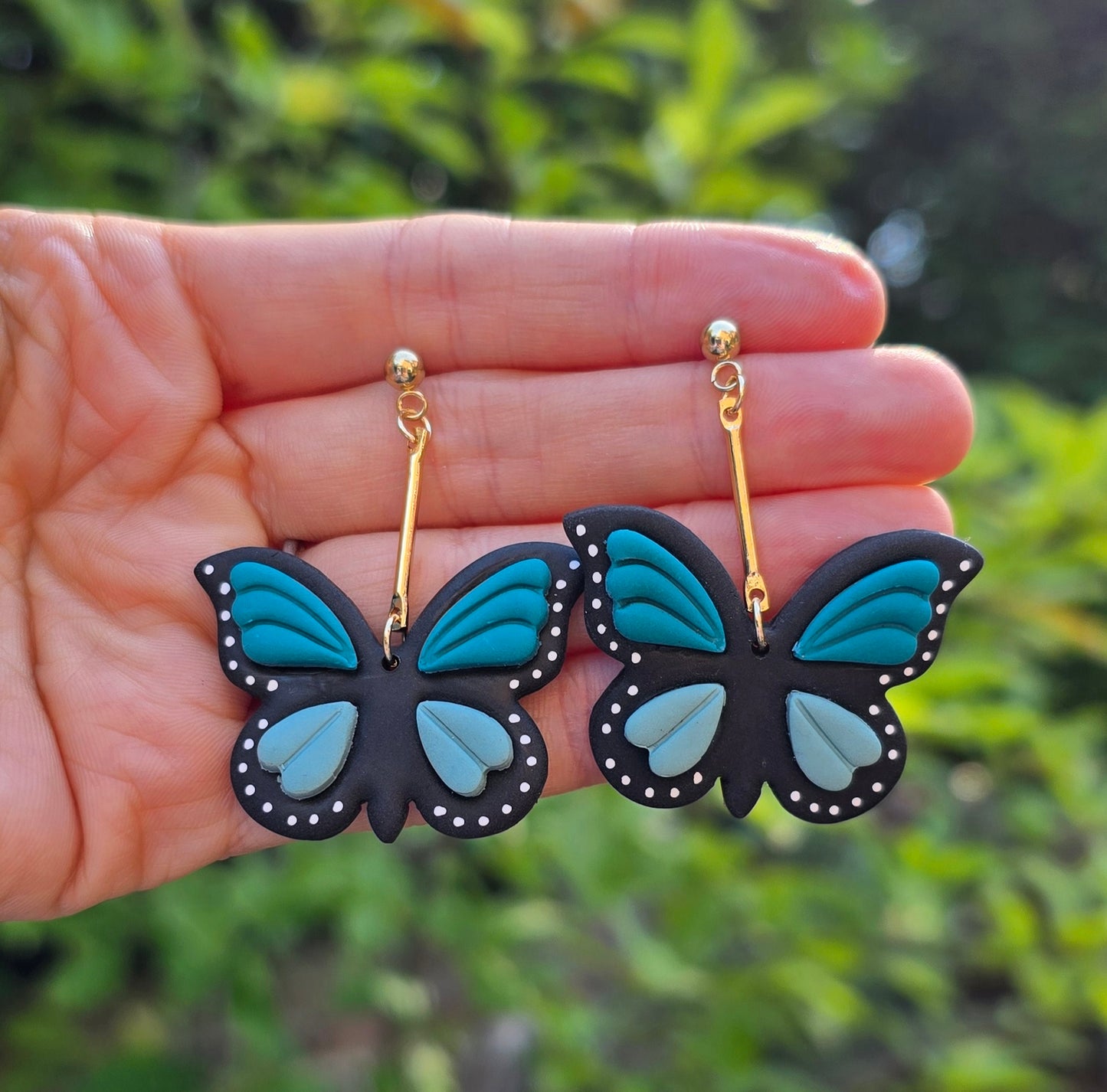 Handmade blue or green butterfly dangle drop gold stud earrings |Polymer clay earrings | summer statement earrings | gift for her | light weight
