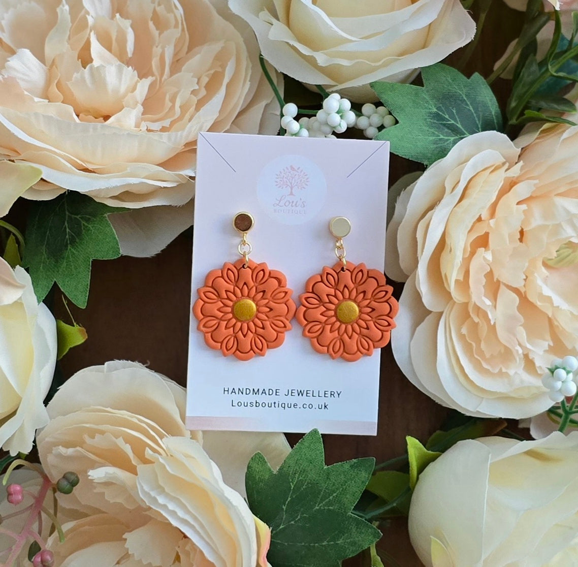 Handmade orange mandala daisy flower dangle drop gold stud earrings | unique earrings | lightweight earrings | gift for her |Polymer clay