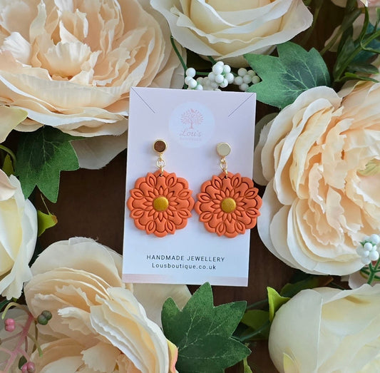 Handmade orange mandala daisy flower dangle drop gold stud earrings | unique earrings | lightweight earrings | gift for her |Polymer clay