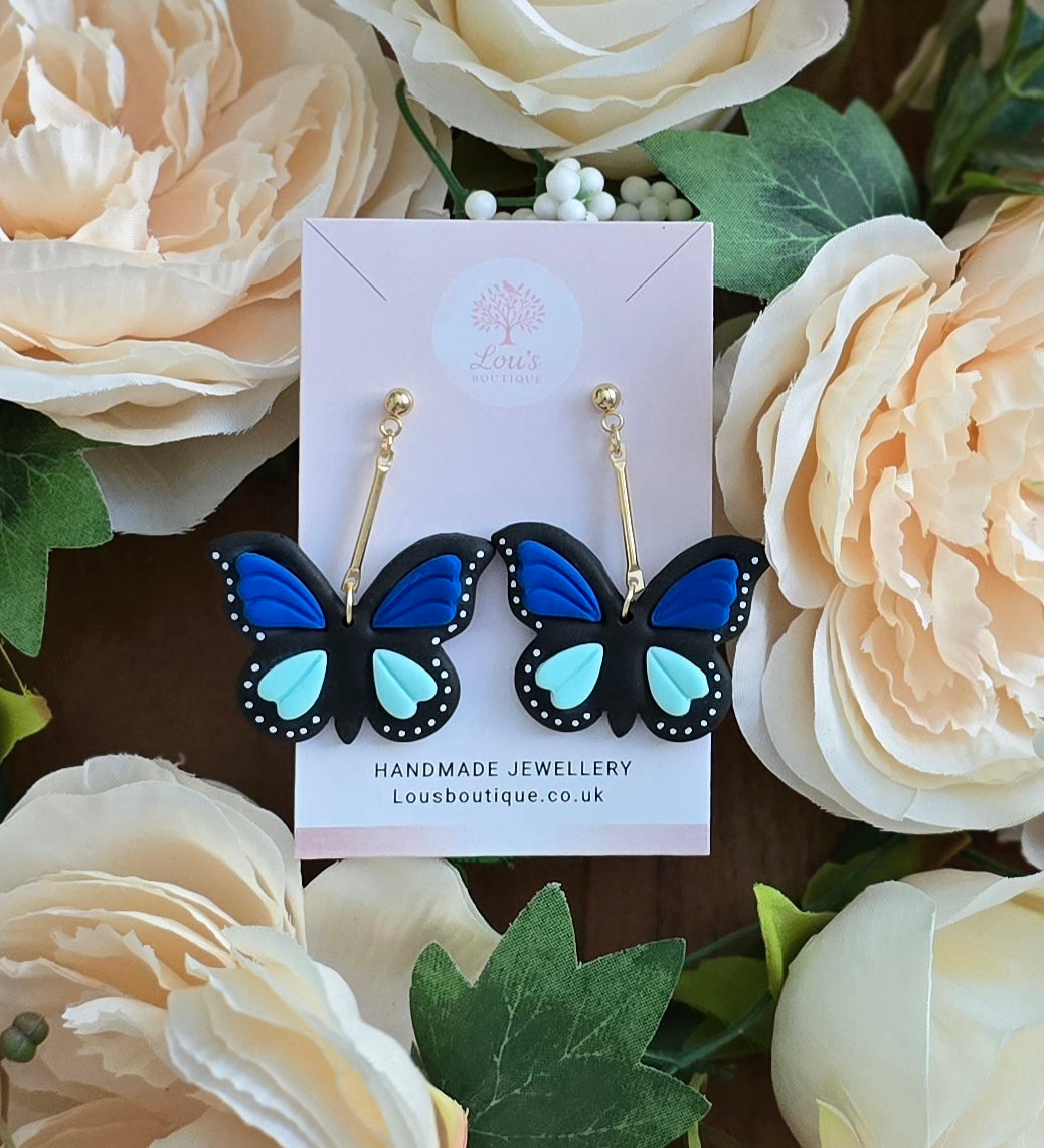 Handmade blue or green butterfly dangle drop gold stud earrings |Polymer clay earrings | summer statement earrings | gift for her | light weight