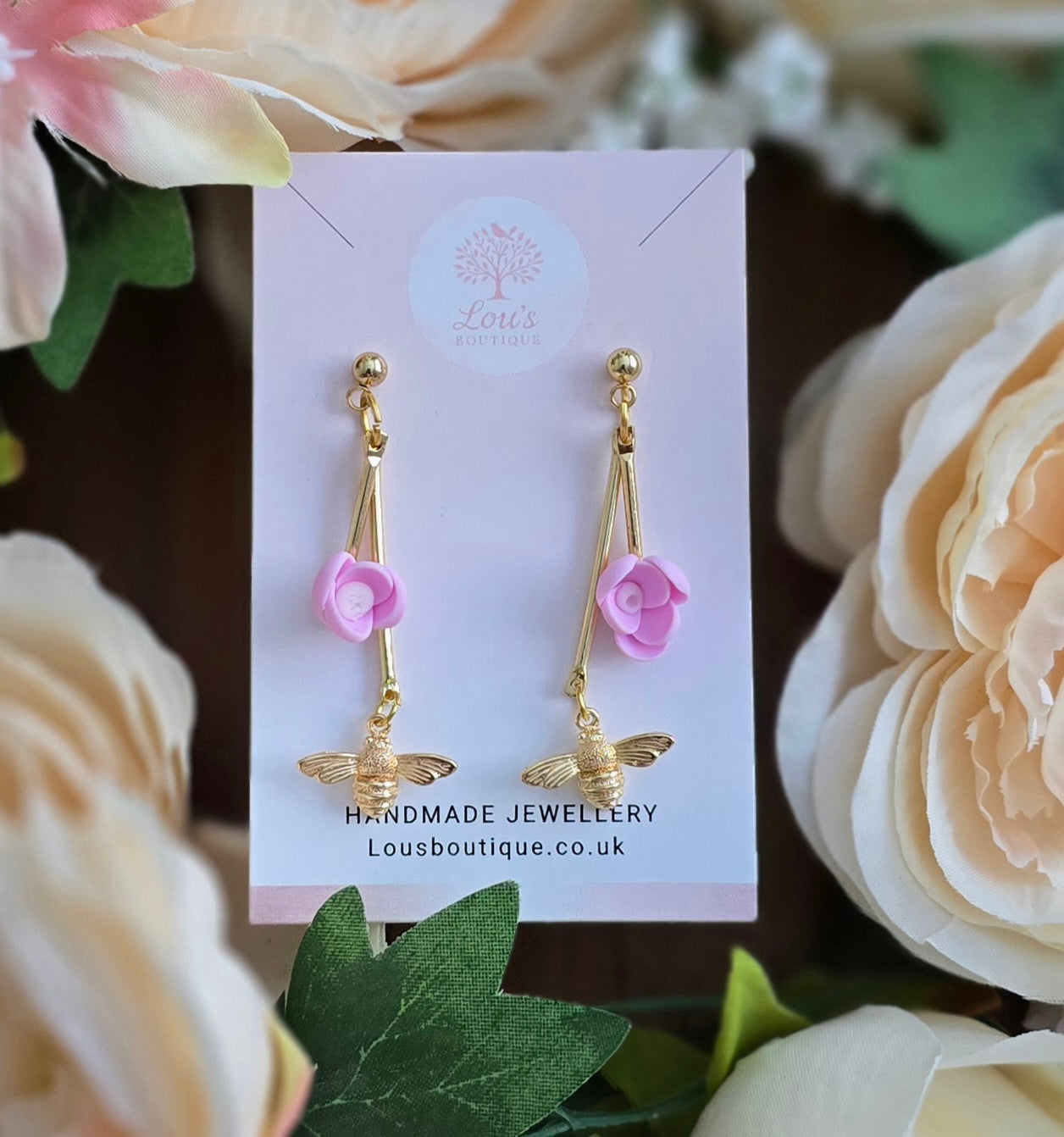 Handmade 14k gold bee and pink or purple polymer clay flower dangle drop whimsical earrings | summer statement earrings | light weight | gift for her