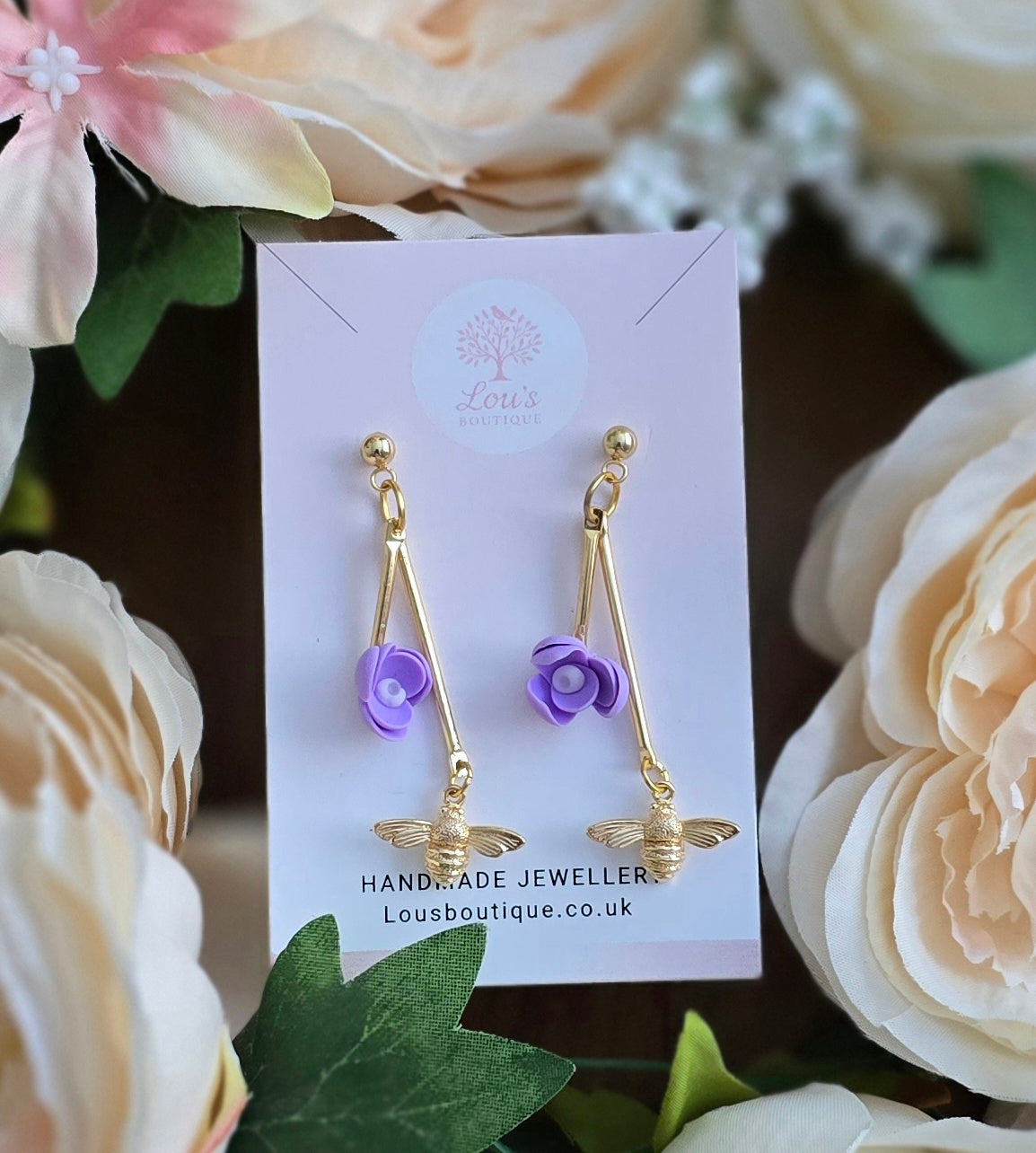 Handmade 14k gold bee and pink or purple polymer clay flower dangle drop whimsical earrings | summer statement earrings | light weight | gift for her
