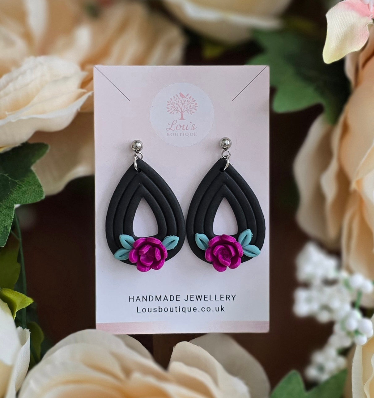 Handmade black floral flower sterling silver or gold teardrop stud earrings | lightweight earrings |gift for her |Polymer clay