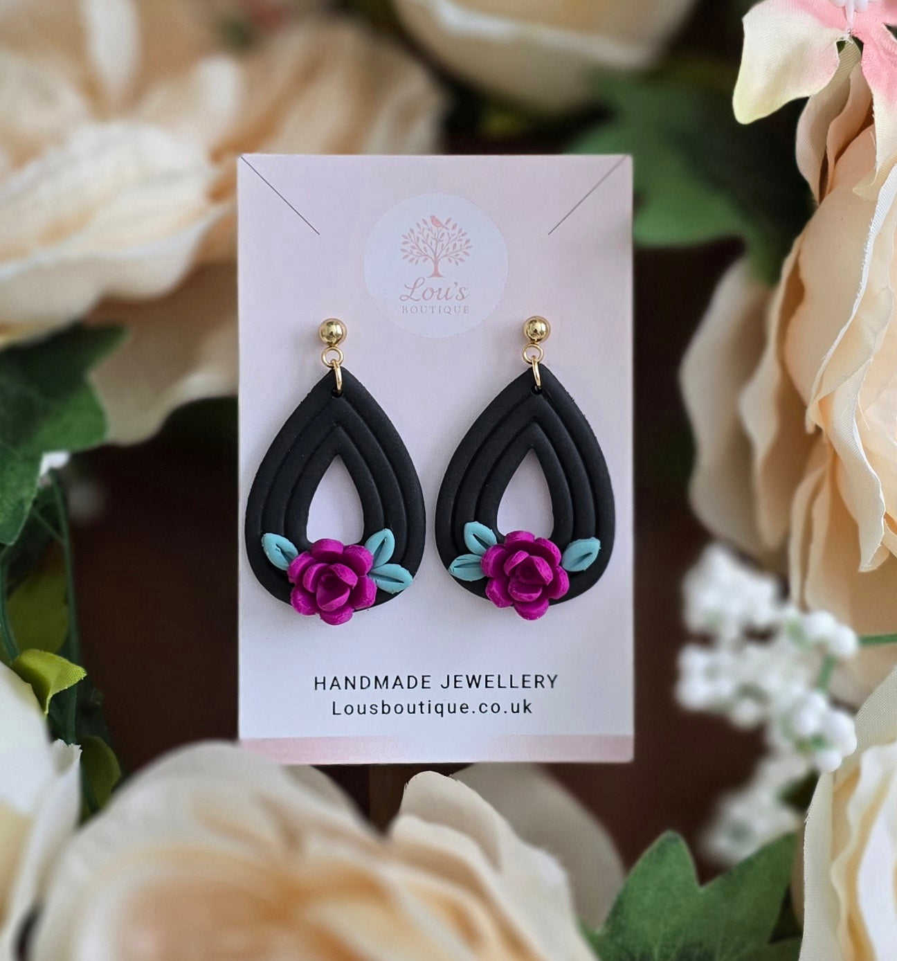 Handmade black floral flower sterling silver or gold teardrop stud earrings | lightweight earrings |gift for her |Polymer clay