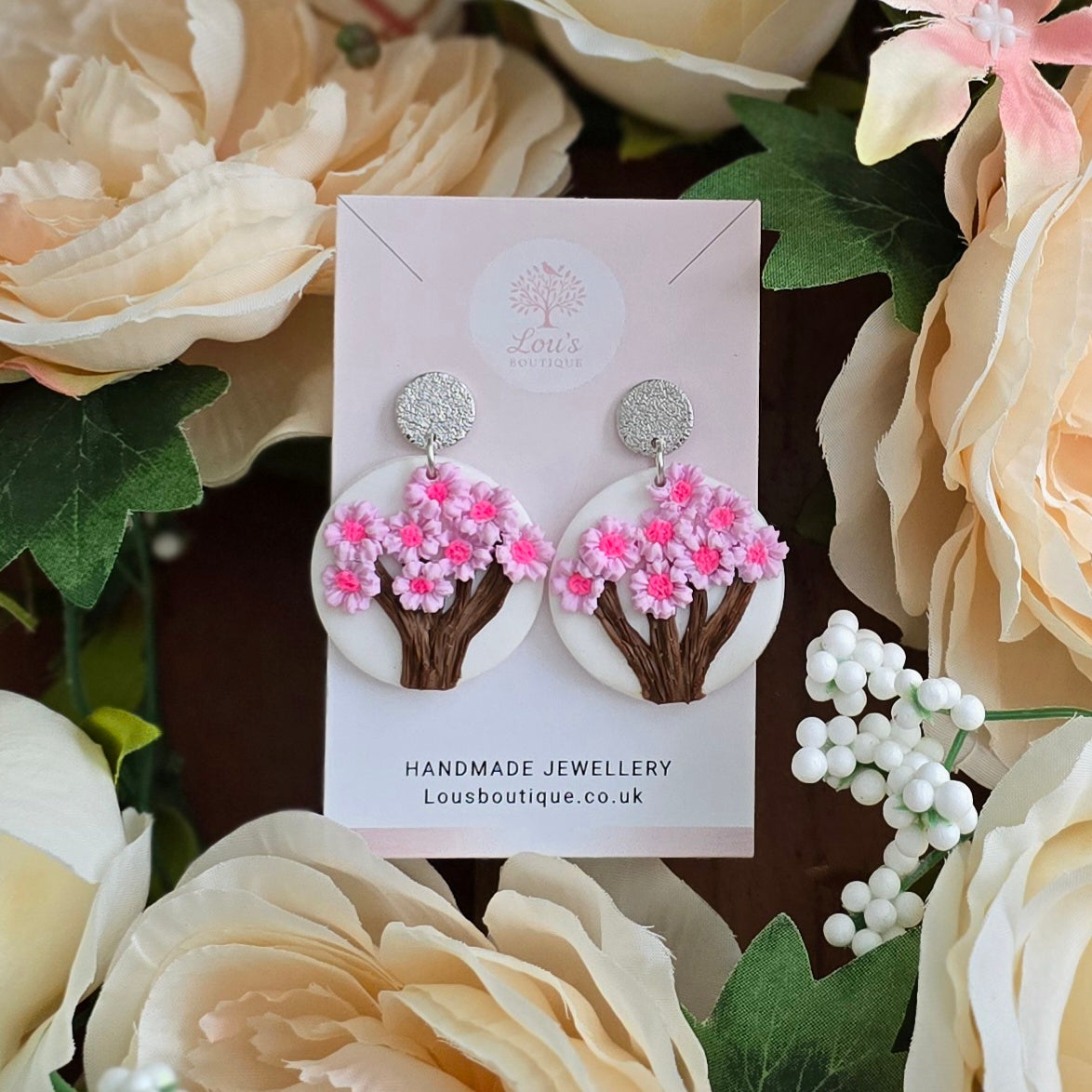 Handmade cherry blossom tree sterling silver or gold dangle stud earrings, nature inspired, lightweight earrings, gift for her, Polymer clay
