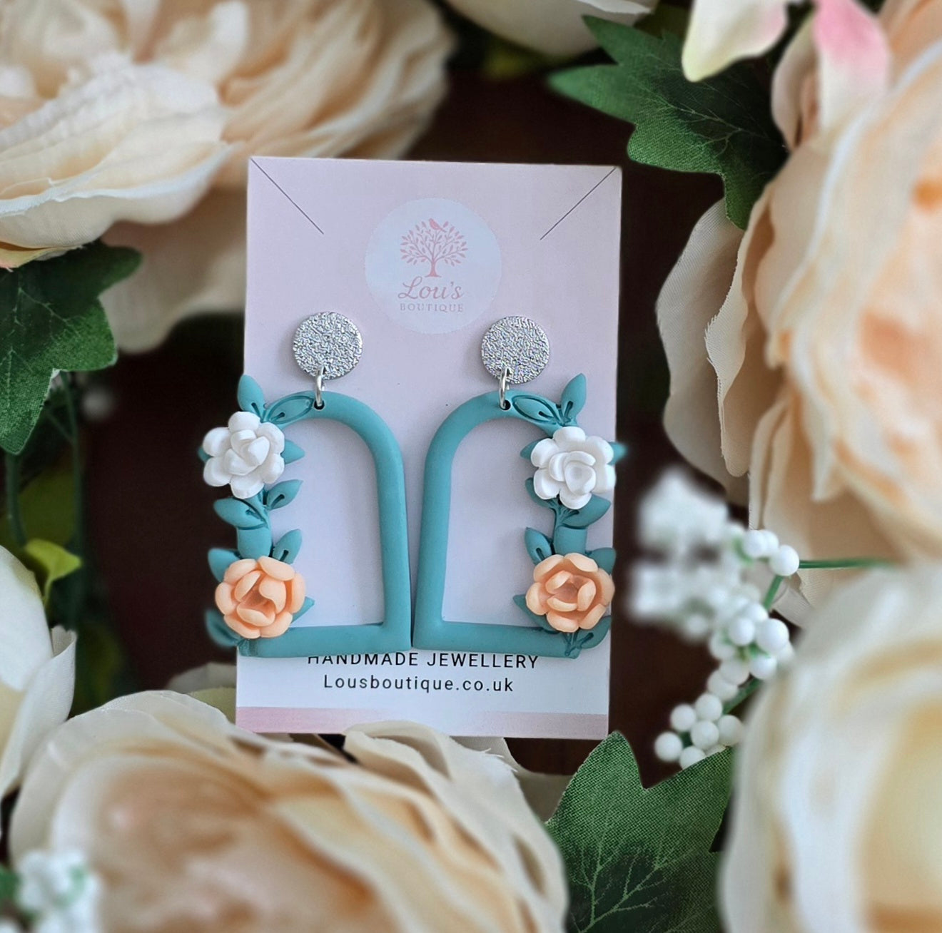 Handmade unique sage green window floral flower sterling silver or gold stud earrings | lightweight earrings | gift for her | Polymer clay