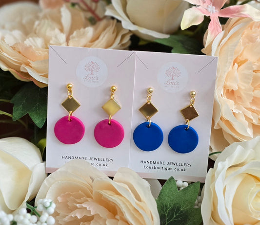 Handmade blue or pink clay & gold diamond dangle earrings |Polymer clay |summer statement earrings |gift for her |light weight earings