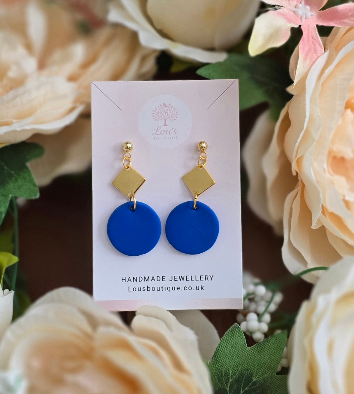 Handmade blue or pink clay & gold diamond dangle earrings |Polymer clay |summer statement earrings |gift for her |light weight earings
