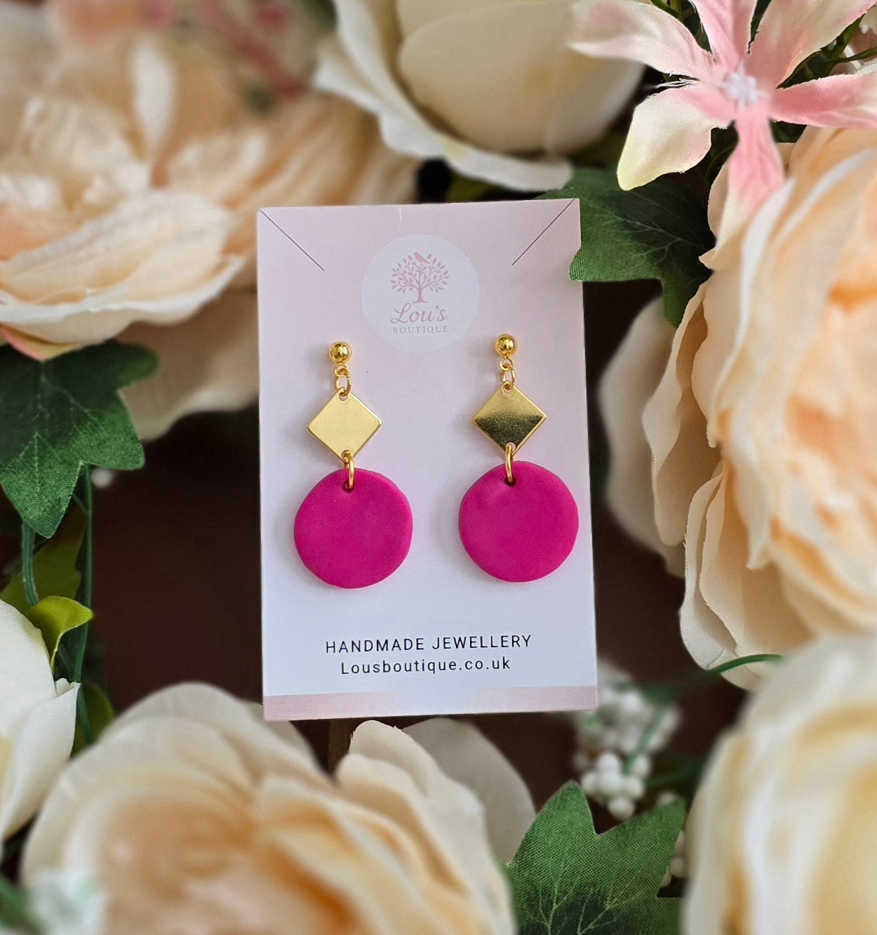 Handmade blue or pink clay & gold diamond dangle earrings |Polymer clay |summer statement earrings |gift for her |light weight earings