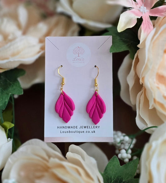 Handmade Gold Fuschia pink Leaf drop earrings |Polymer clay earrings | summer statement earrings | gift for her | light weight earrings
