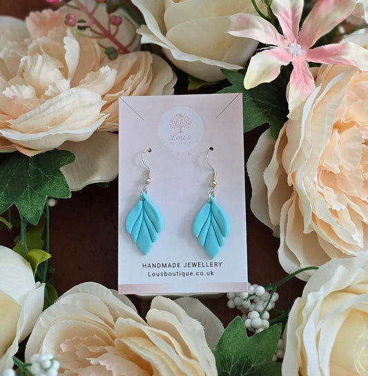 Handmade Sterling Silver Leaf light blue drop earrings |Polymer clay earrings | summer statement earrings | light weight earrings