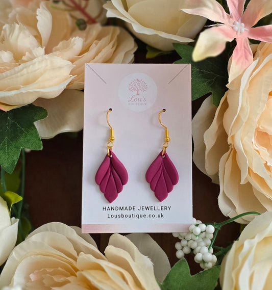 Handmade Gold Purple Leaf drop earrings |Polymer clay earrings | summer statement earrings | gift for her | light weight earrings