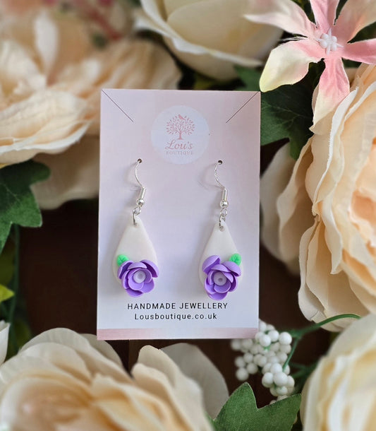 Handmade sterling silver purple flower floral drop earrings |Polymer clay earrings | summer statement earrings ||light weight earrings