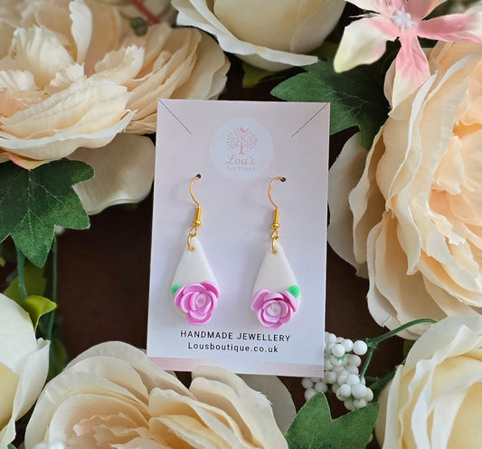 Handmade Gold pink flower drop earrings |Polymer clay earrings | summer statement earrings | gift for her | light weight earrings