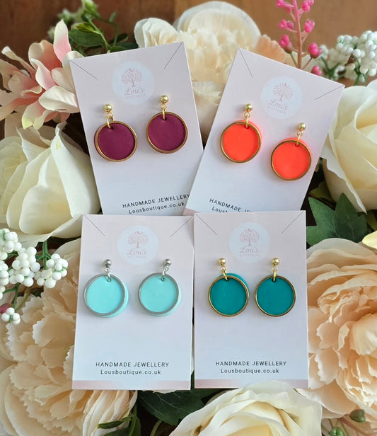 Handmade circle & gold or sterling silver dangle drop earrings |Polymer clay |summer statement earrings |gift for her |light weight earings