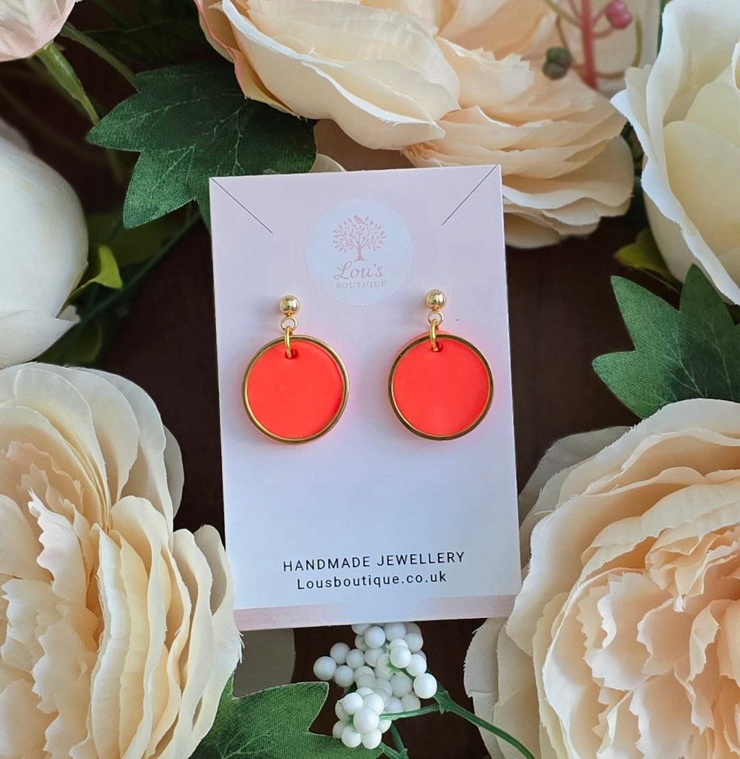 Handmade circle & gold or sterling silver dangle drop earrings |Polymer clay |summer statement earrings |gift for her |light weight earings