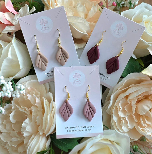 Handmade gold neutral Leaf drop earrings pink, taupe, plum |Polymer clay earrings | summer statement |gift for her |light weight boho nature