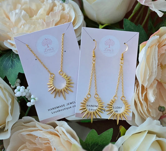 Handmade star burst sun earrings and/or necklace,  whimsical boho, 18k gold plated