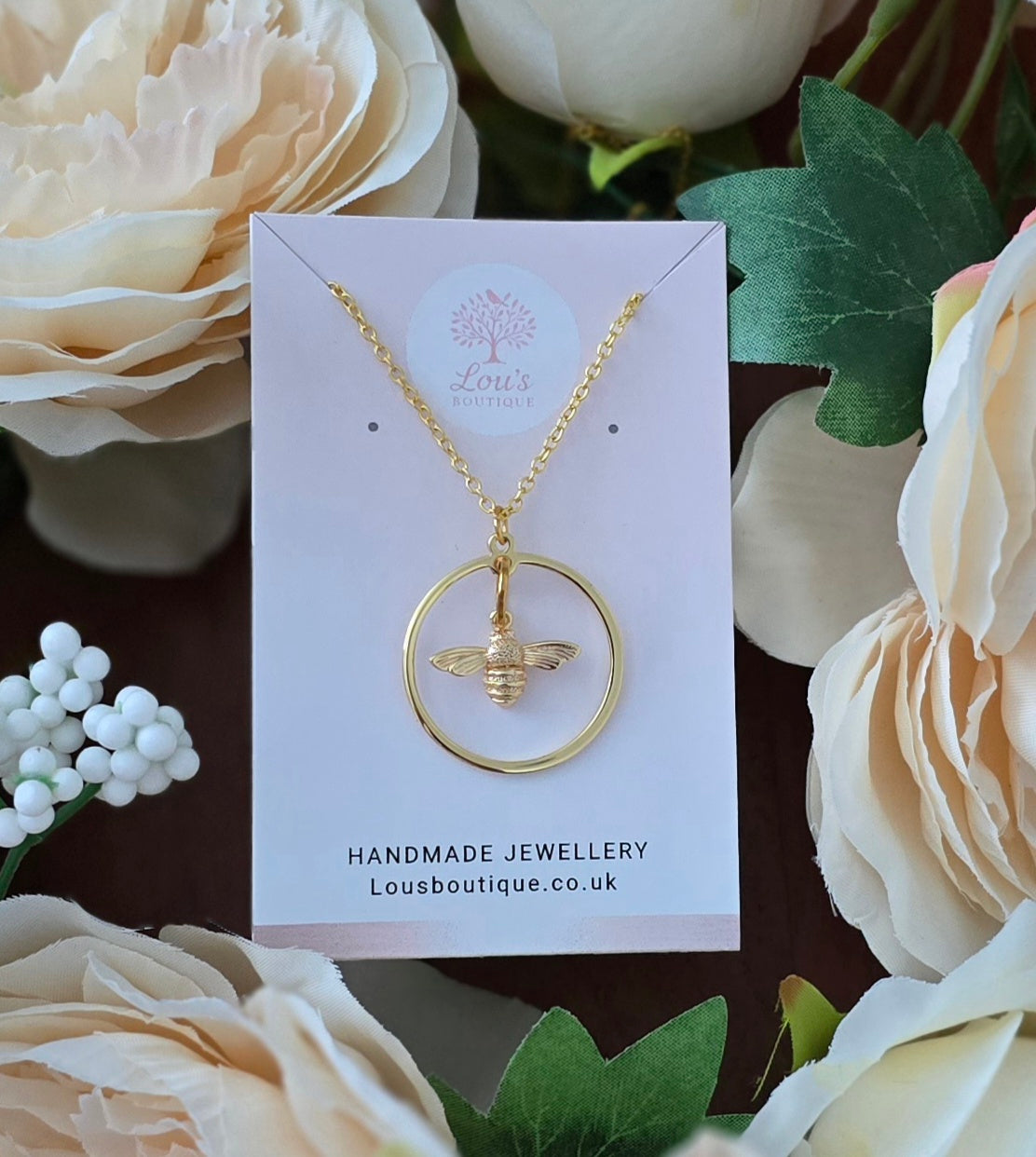 Handmade Bee in circle earrings and/or necklace, nature animal boho, 18k gold plated