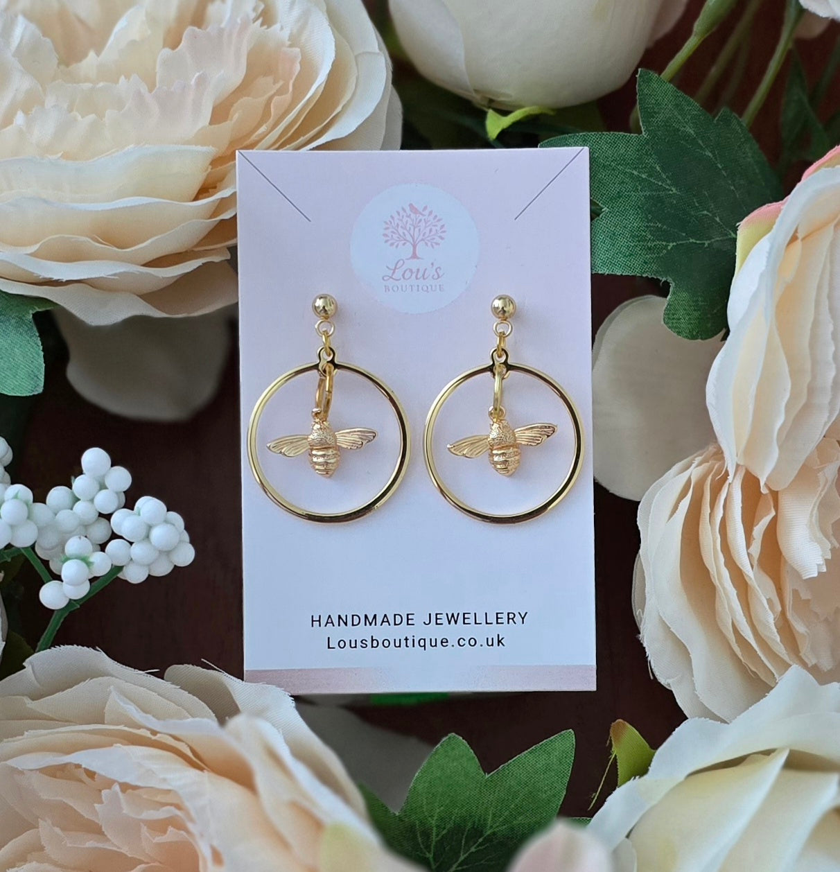 Handmade Bee in circle earrings and/or necklace, nature animal boho, 18k gold plated