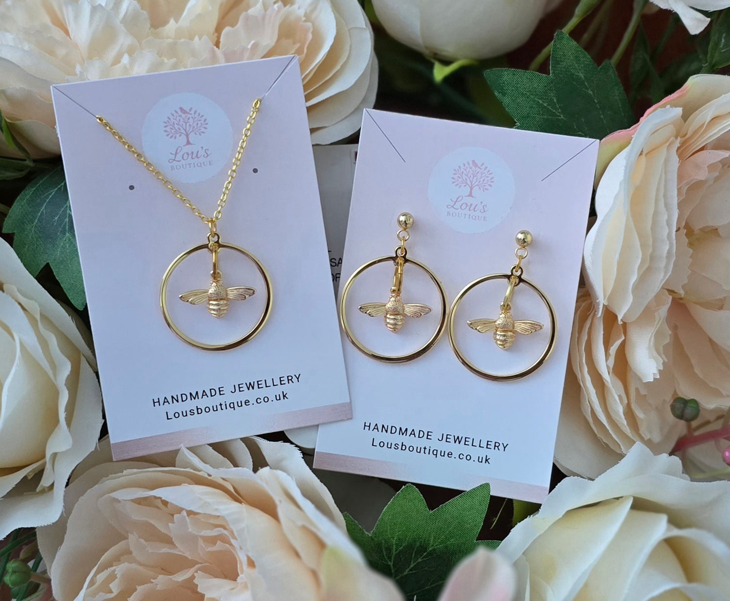 Handmade Bee in circle earrings and/or necklace, nature animal boho, 18k gold plated