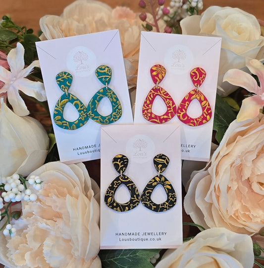 Handmade Christmas floral relief dangle stud Earrings, festive season, red, green, black and gold