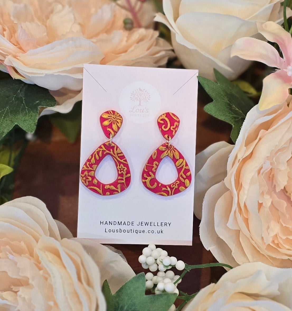 Handmade Christmas floral relief dangle stud Earrings, festive season, red, green, black and gold