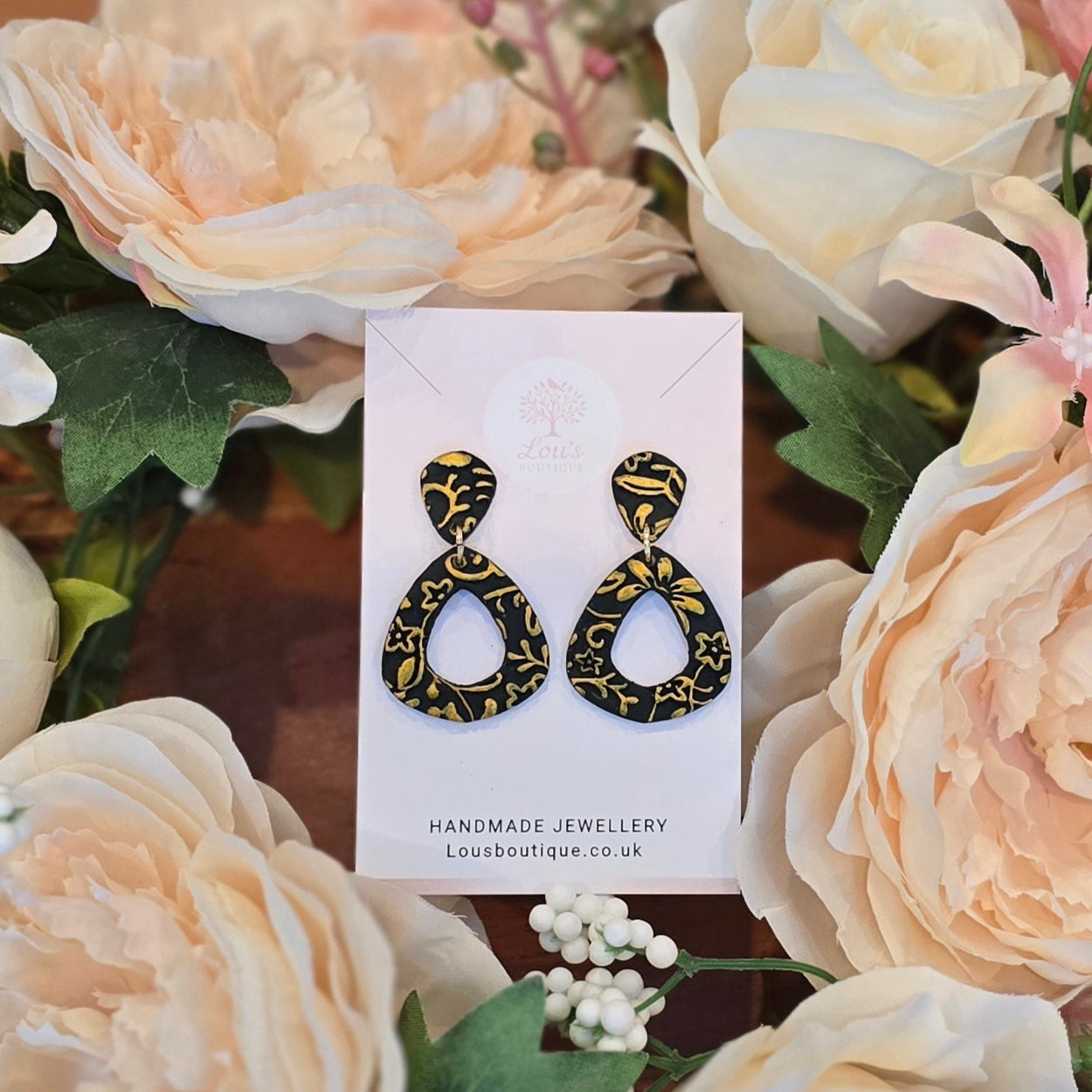 Handmade Christmas floral relief dangle stud Earrings, festive season, red, green, black and gold