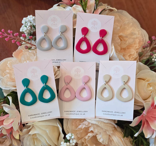 Handmade classic teardrop cut out dangle earrings, lightweight polymer clay, sterling silver studs