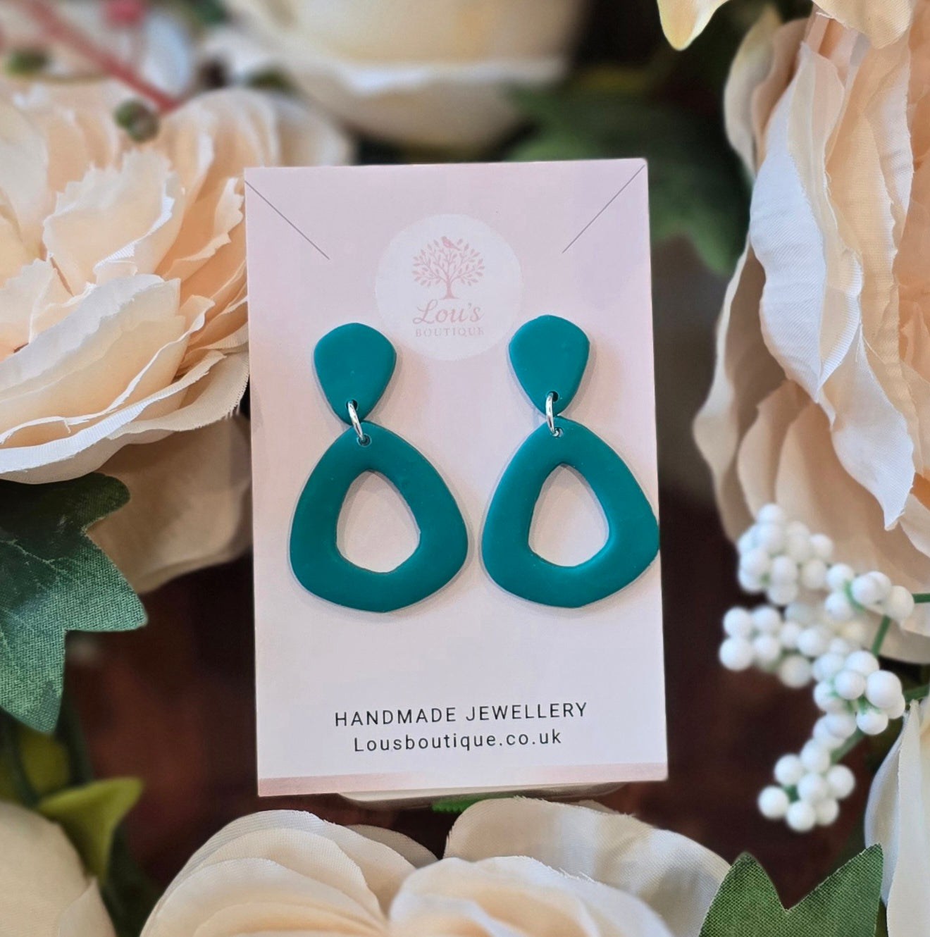 Handmade classic teardrop cut out dangle earrings, lightweight polymer clay, sterling silver studs