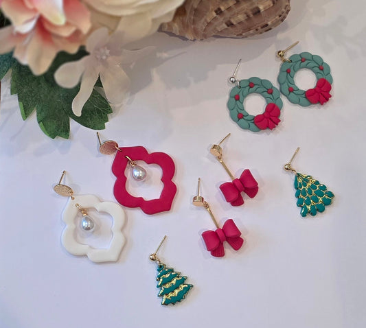 Handmade Christmas dangle stud Earrings, festive season earrings, Bows, Tree, Reef, Pearl