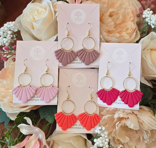 Handmade fluted fan and gold ring hook earrings, lightweight polymer clay, 14k gold plated