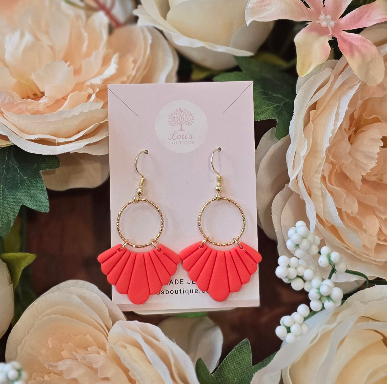 Handmade fluted fan and gold ring hook earrings, lightweight polymer clay, 14k gold plated