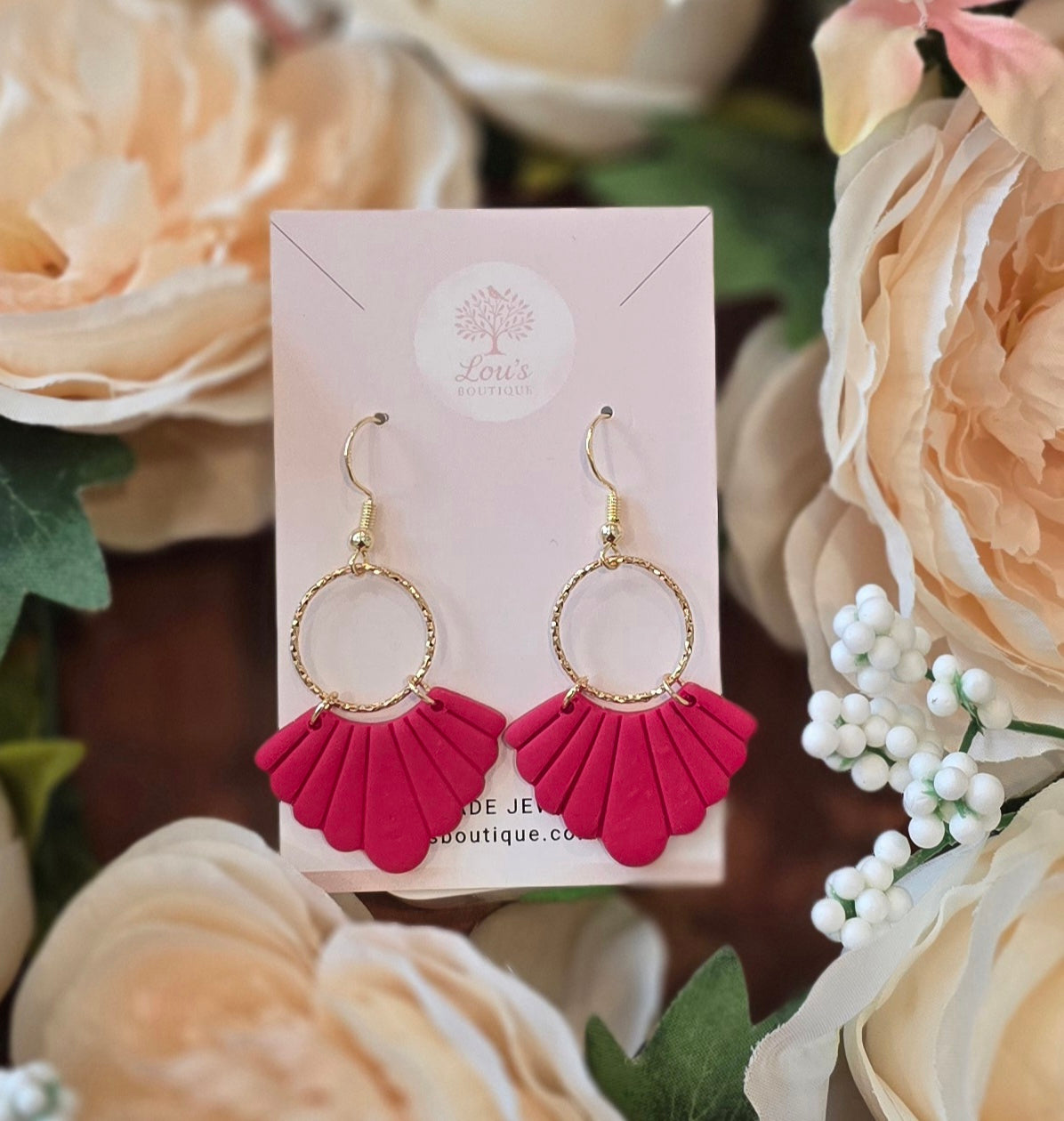 Handmade fluted fan and gold ring hook earrings, lightweight polymer clay, 14k gold plated