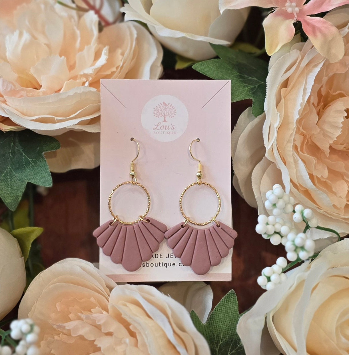 Handmade fluted fan and gold ring hook earrings, lightweight polymer clay, 14k gold plated